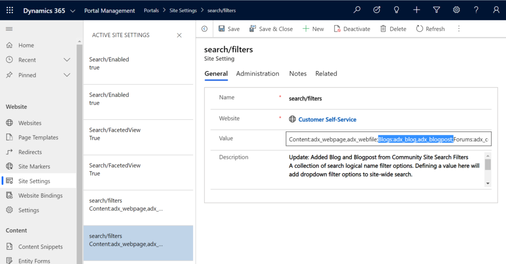Site setting search/filters Community Portal and Customer Self-Service values: Update