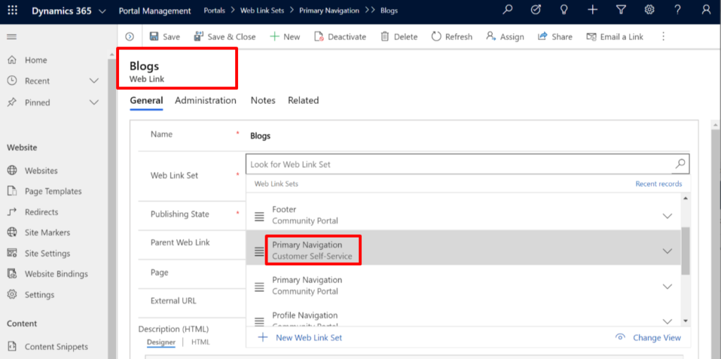 Combine portal types: Update primary navigation in web link sets